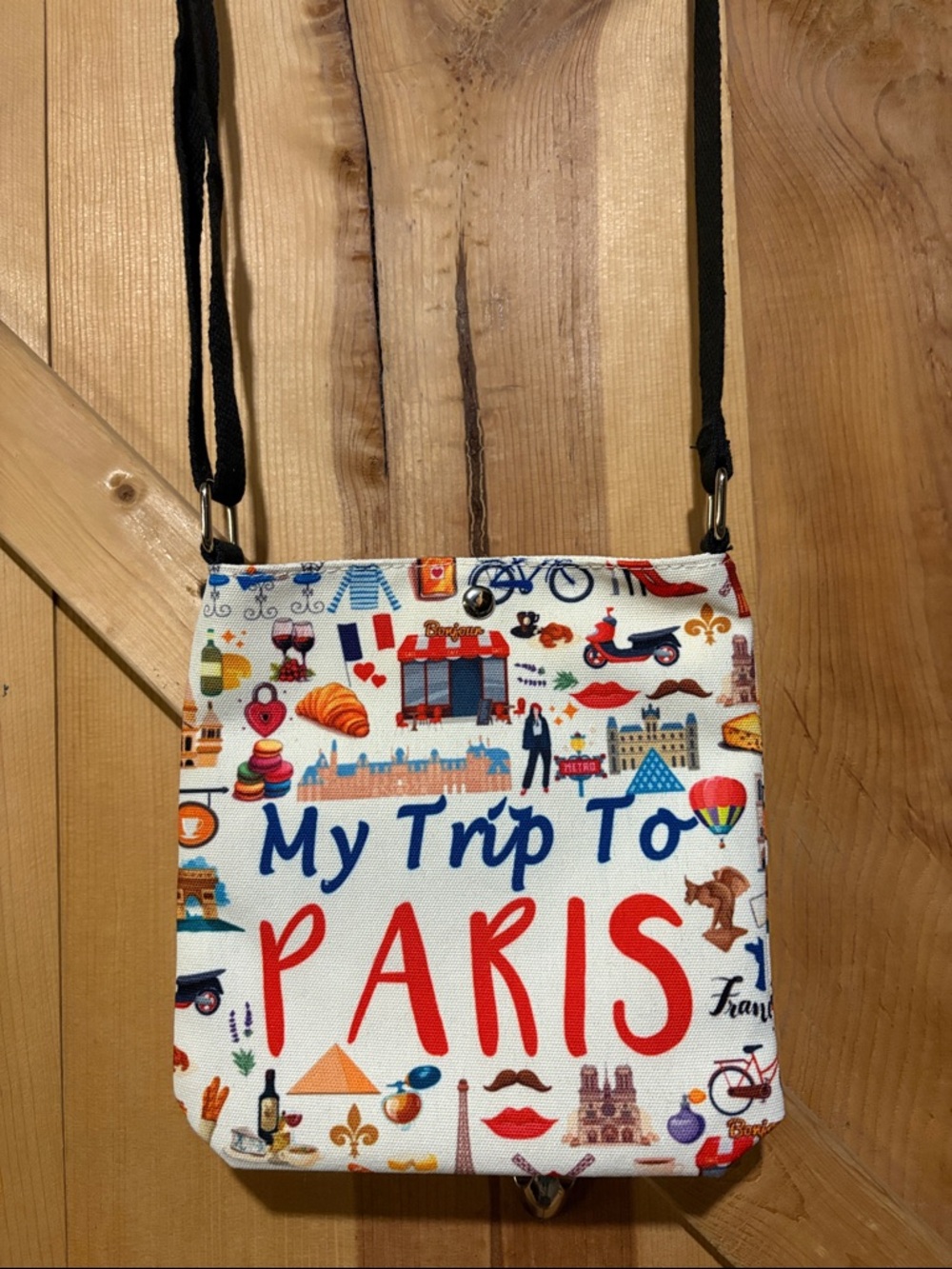 My Trip To Paris Crossbody Bag - White with Multicolor Travel Print